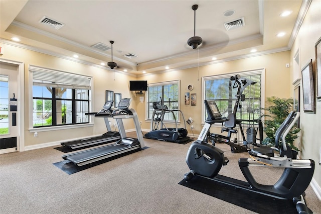 7991 Lake James Blvd, Lakeland, FL 33810 - gym featuring a tray ceiling, baseboards, crown molding, carpet, and recessed lighting