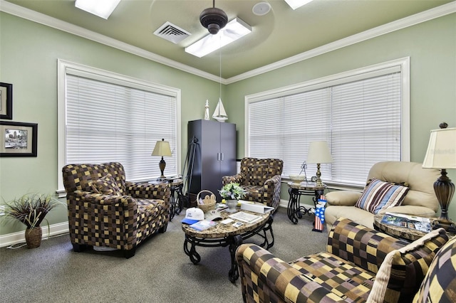 7991 Lake James Blvd, Lakeland, FL 33810 - carpeted living area featuring a ceiling fan, crown molding, and baseboards