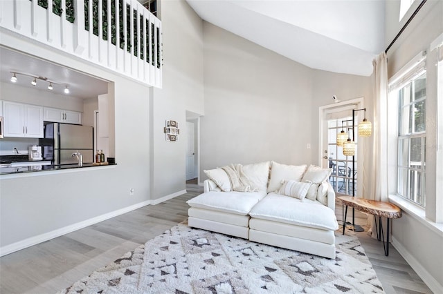3301 Haviland Ct Unit 203, Palm Harbor, FL 34684 - living area featuring a towering ceiling, light wood-type flooring, and baseboards