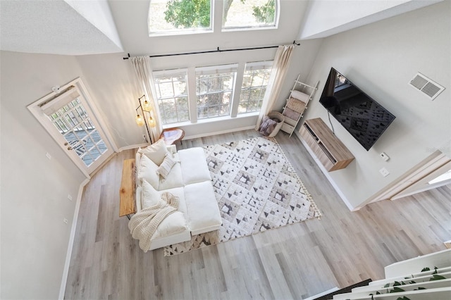 3301 Haviland Ct Unit 203, Palm Harbor, FL 34684 - living area featuring wood finished floors, a towering ceiling, healthy amount of natural light, baseboards, and a baseboard heating unit