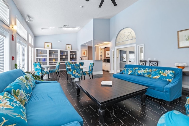 3301 Haviland Ct Unit 203, Palm Harbor, FL 34684 - living area with high vaulted ceiling, rail lighting, and a ceiling fan