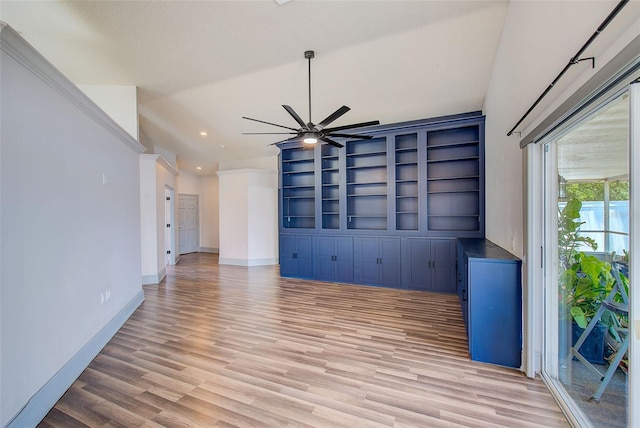 22943 Sills Loop, Land O Lakes, FL 34639 - empty room with a ceiling fan, light wood-style floors, recessed lighting, baseboards, and lofted ceiling