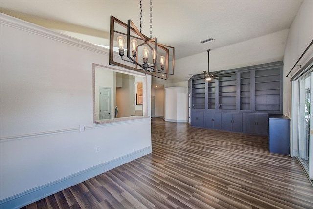 22943 Sills Loop, Land O Lakes, FL 34639 - unfurnished dining area with ceiling fan, dark wood finished floors, a chandelier, and baseboards