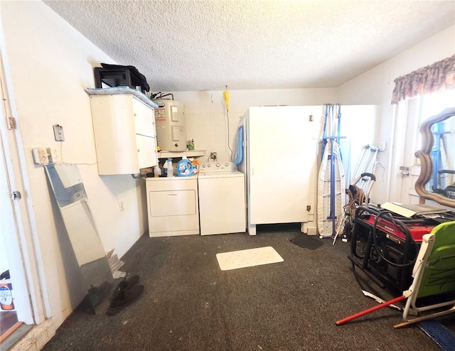 4902 Panorama Ave, Holiday, FL 34690 - misc room featuring electric water heater, independent washer and dryer, a textured ceiling, and carpet floors