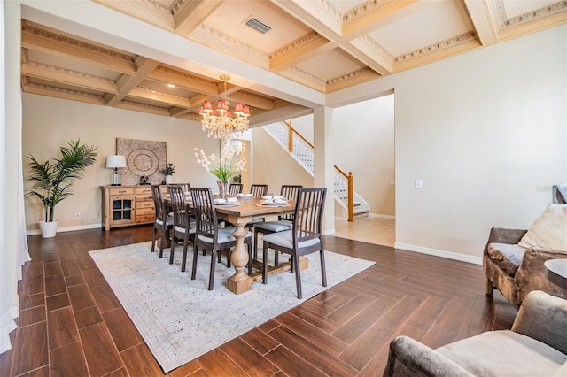 2354 Messenger Cir, Safety Harbor, FL 34695 - dining room with coffered ceiling, baseboards, a chandelier, stairs, and beam ceiling