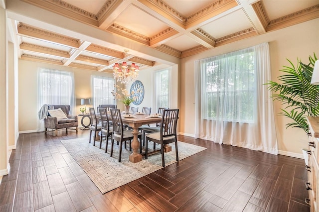 2354 Messenger Cir, Safety Harbor, FL 34695 - dining area featuring coffered ceiling, a chandelier, baseboards, beam ceiling, and dark wood-type flooring
