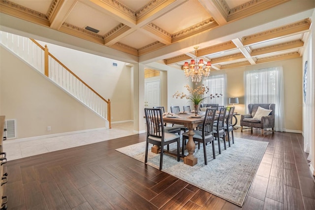 2354 Messenger Cir, Safety Harbor, FL 34695 - dining room with coffered ceiling, stairway, a chandelier, baseboards, and beam ceiling