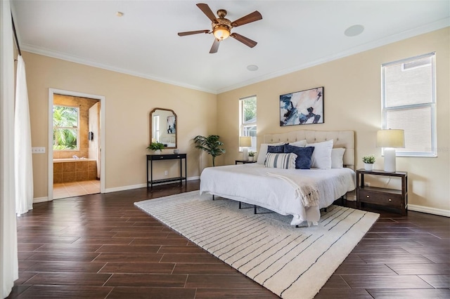 2354 Messenger Cir, Safety Harbor, FL 34695 - bedroom with crown molding, baseboards, dark wood-type flooring, ensuite bathroom, and a ceiling fan