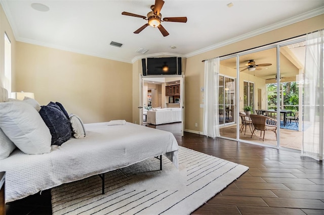 2354 Messenger Cir, Safety Harbor, FL 34695 - bedroom with access to exterior, ornamental molding, baseboards, wood finished floors, and ceiling fan