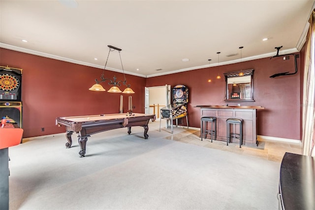 2354 Messenger Cir, Safety Harbor, FL 34695 - playroom featuring pool table, crown molding, baseboards, a bar, and recessed lighting