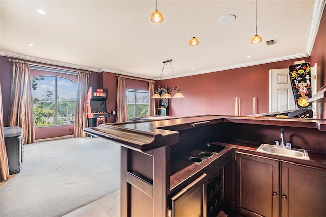 2354 Messenger Cir, Safety Harbor, FL 34695 - indoor wet bar featuring light carpet, plenty of natural light, crown molding, hanging light fixtures, and recessed lighting