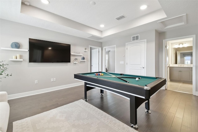 33287 Sycamore Leaf Dr, Wesley Chapel, FL 33545 - playroom with a raised ceiling, wood finished floors, billiards, and attic access