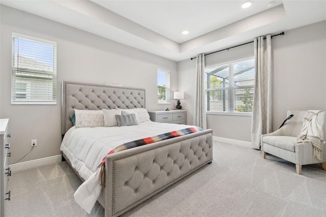 33287 Sycamore Leaf Dr, Wesley Chapel, FL 33545 - bedroom featuring baseboards, light carpet, recessed lighting, and a tray ceiling