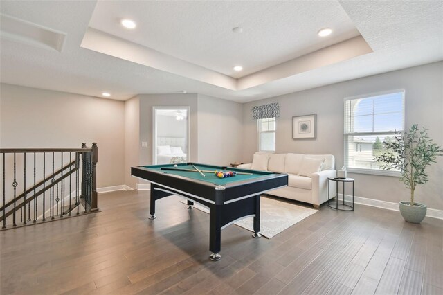 33287 Sycamore Leaf Dr, Wesley Chapel, FL 33545 - playroom featuring a tray ceiling, baseboards, billiards table, wood finished floors, and recessed lighting