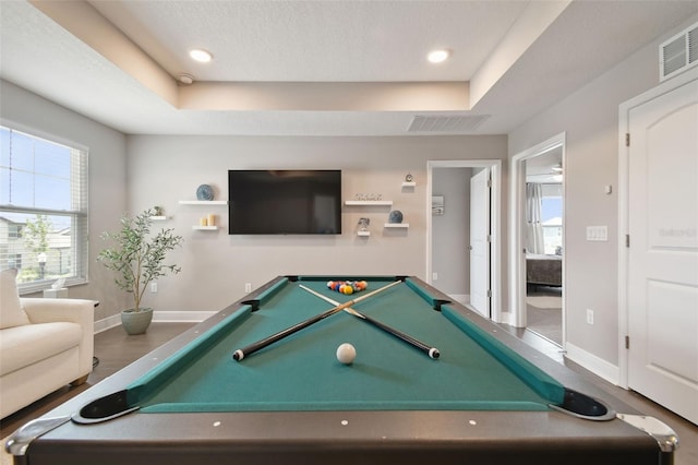 33287 Sycamore Leaf Dr, Wesley Chapel, FL 33545 - playroom with pool table, a raised ceiling, and baseboards