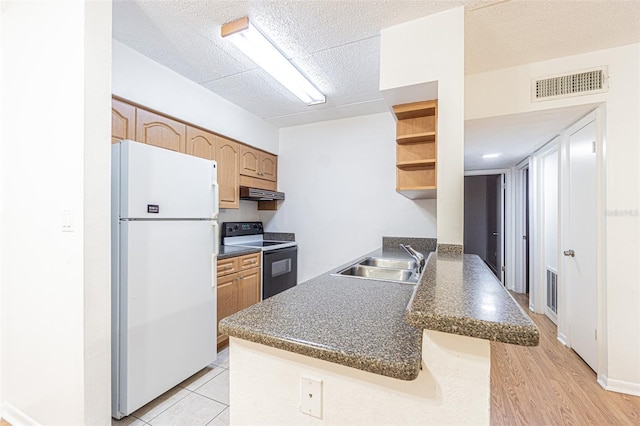 4708 Michael Ct Unit 104, Tampa, FL 33614 - kitchen with freestanding refrigerator, electric range, a sink, under cabinet range hood, and open shelves