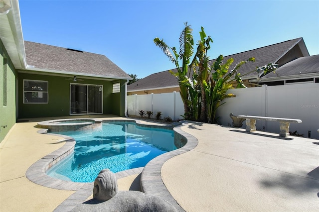 9709 Bay Colony Dr, Riverview, FL 33578 - view of swimming pool featuring a patio area, a fenced backyard, a pool with connected hot tub, and a ceiling fan