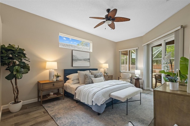 12009 Wandsworth Dr, Tampa, FL 33626 - bedroom with access to outside, wood finished floors, baseboards, and a ceiling fan