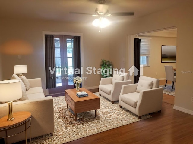 1841 Georgia Ave, Palm Harbor, FL 34683 - living area with wood finished floors, baseboards, a ceiling fan, and french doors