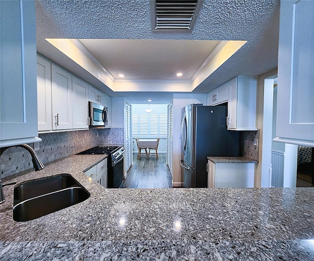 6060 Shore Blvd S Unit 903, Gulfport, FL 33707 - kitchen with appliances with stainless steel finishes, a raised ceiling, crown molding, a sink, and dark stone countertops