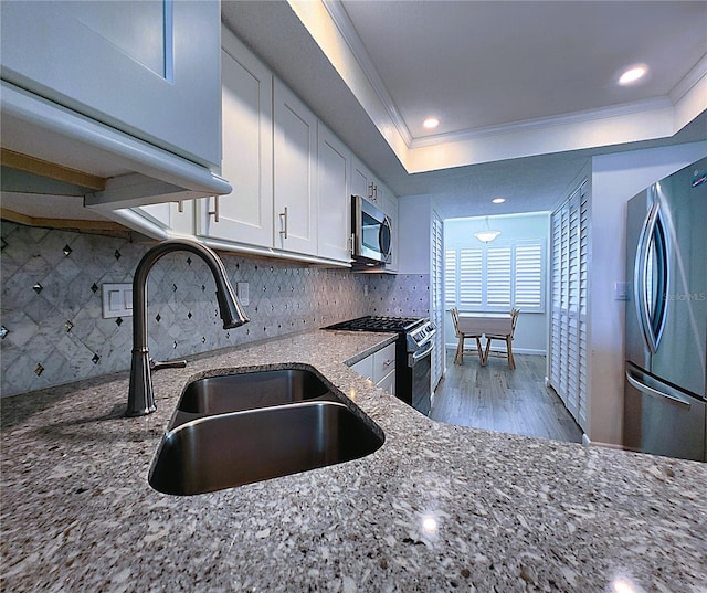 6060 Shore Blvd S Unit 903, Gulfport, FL 33707 - kitchen with appliances with stainless steel finishes, a sink, a raised ceiling, light stone countertops, and decorative backsplash