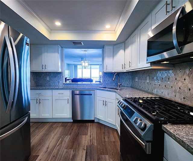 6060 Shore Blvd S Unit 903, Gulfport, FL 33707 - kitchen with stainless steel appliances, a raised ceiling, a sink, dark wood finished floors, and white cabinetry