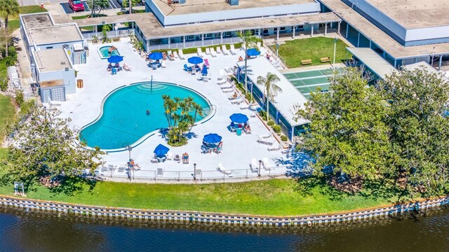 11224 82nd Ave Unit 104, Seminole, FL 33772 - aerial view of a pool area and a nearby body of water