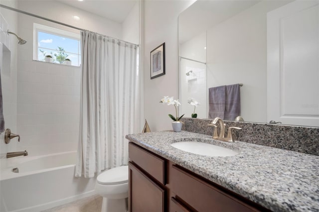 5102 Coastal Scene Dr, Apollo Beach, FL 33572 - full bath featuring vanity, shower / bathtub combination with curtain, toilet, and tile patterned floors