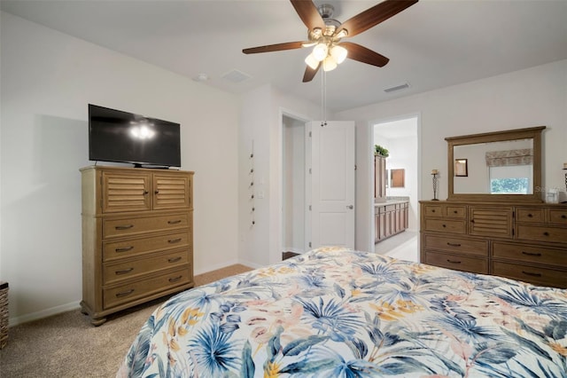 5102 Coastal Scene Dr, Apollo Beach, FL 33572 - bedroom with light carpet, baseboards, ceiling fan, and ensuite bath