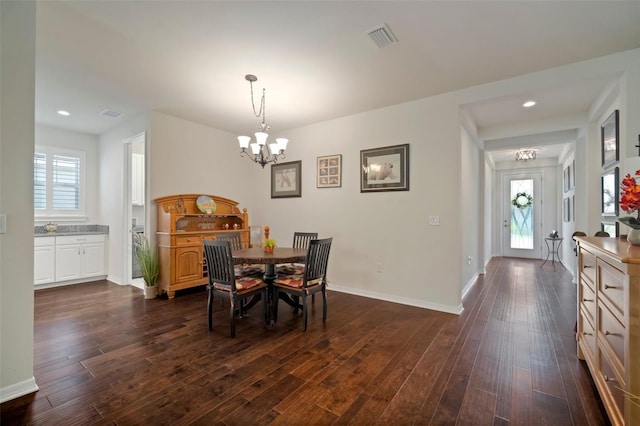 5102 Coastal Scene Dr, Apollo Beach, FL 33572 - dining space featuring a chandelier, dark wood finished floors, healthy amount of natural light, and recessed lighting