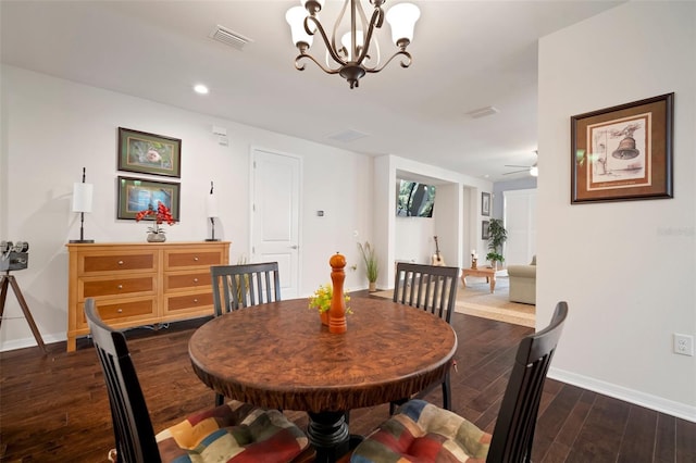 5102 Coastal Scene Dr, Apollo Beach, FL 33572 - dining area with dark wood finished floors, baseboards, a chandelier, recessed lighting, and a ceiling fan