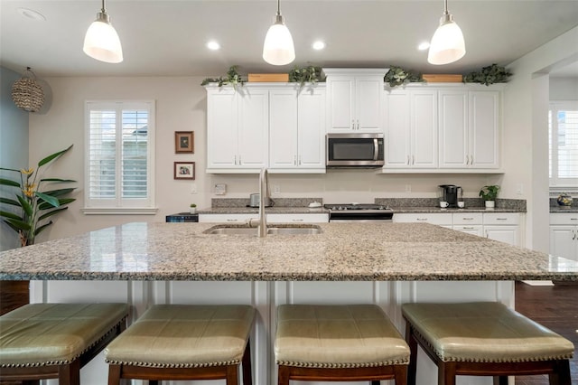 5102 Coastal Scene Dr, Apollo Beach, FL 33572 - kitchen with appliances with stainless steel finishes, a sink, light stone counters, healthy amount of natural light, and recessed lighting