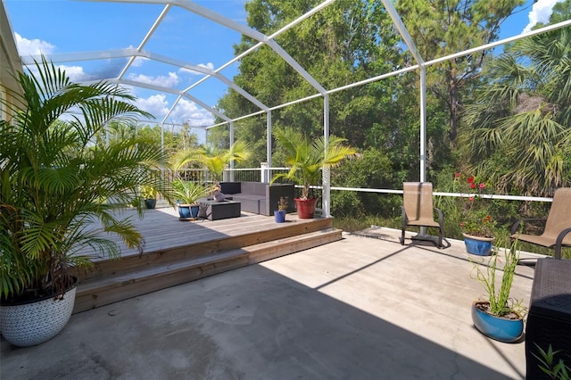 5102 Coastal Scene Dr, Apollo Beach, FL 33572 - view of patio / terrace featuring a wooden deck and a lanai