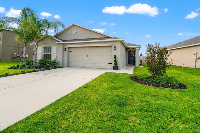 10512 Fuzzy Cattail St, Riverview, FL 33578 - ranch-style home with a garage, stucco siding, concrete driveway, and a front yard