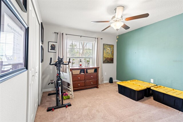 10512 Fuzzy Cattail St, Riverview, FL 33578 - exercise area with carpet flooring, a ceiling fan, and baseboards