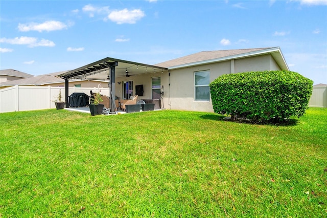 10512 Fuzzy Cattail St, Riverview, FL 33578 - rear view of property with ceiling fan, stucco siding, and a patio
