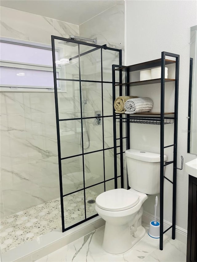 4049 Ponea Dr, Sarasota, FL 34241 - bathroom with marble look tile flooring, a marble finish shower, toilet, and vanity