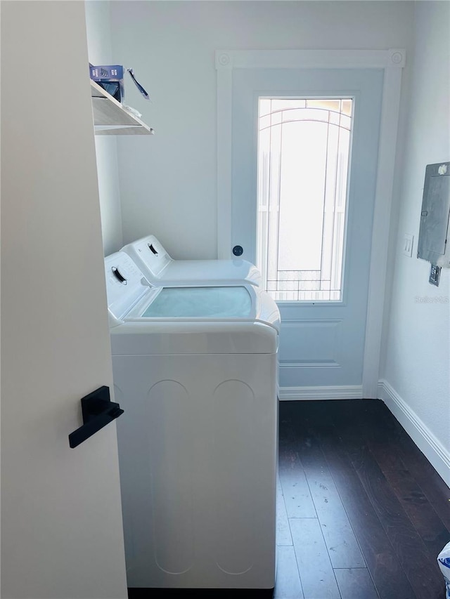 4049 Ponea Dr, Sarasota, FL 34241 - laundry area with baseboards, hardwood / wood-style flooring, independent washer and dryer, and electric panel