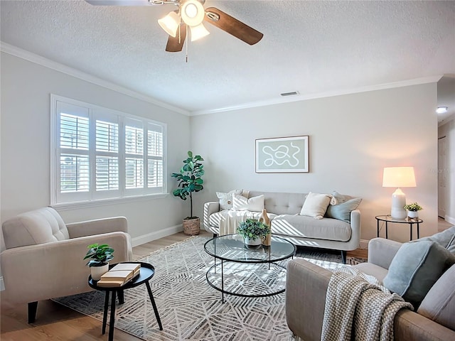 9929 Bay Dr, Gibsonton, FL 33534 - living room with crown molding, light wood-style floors, a textured ceiling, ceiling fan, and baseboards