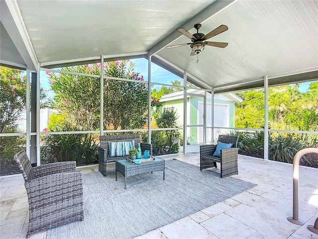9929 Bay Dr, Gibsonton, FL 33534 - sunroom / solarium with a ceiling fan, lofted ceiling, an outdoor living space, and plenty of natural light