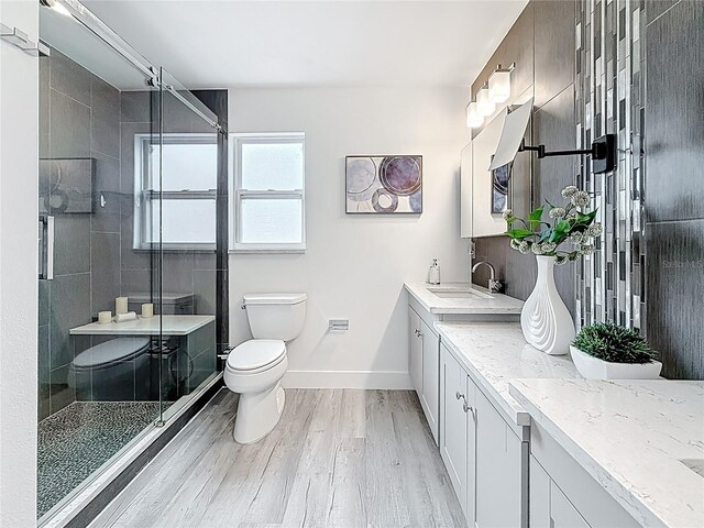 7125 S Shore Dr S, Saint Petersburg, FL 33707 - bathroom featuring vanity, wood finished floors, toilet, and a shower stall
