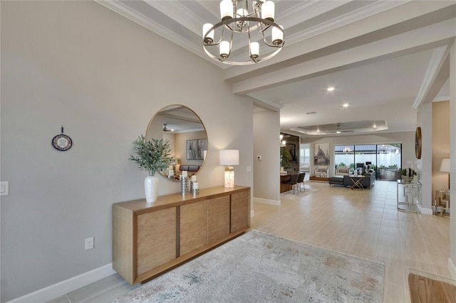 4795 Freccia Loop, Wesley Chapel, FL 33543 - hallway featuring crown molding, a chandelier, baseboards, and recessed lighting