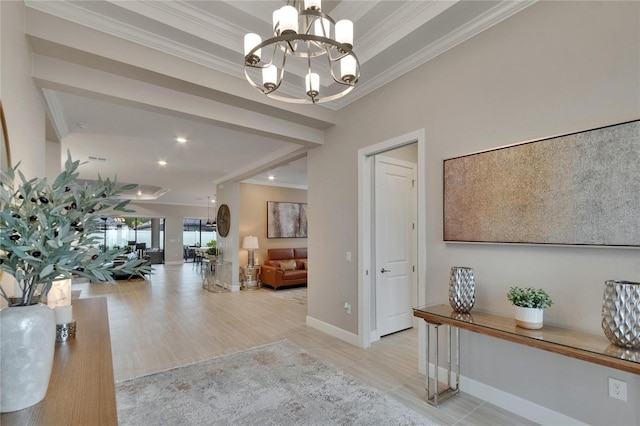 4795 Freccia Loop, Wesley Chapel, FL 33543 - corridor featuring ornamental molding, a chandelier, baseboards, and recessed lighting