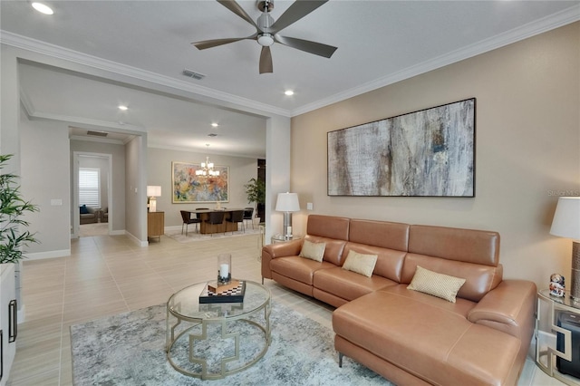 4795 Freccia Loop, Wesley Chapel, FL 33543 - living room featuring a chandelier, a ceiling fan, baseboards, recessed lighting, and crown molding