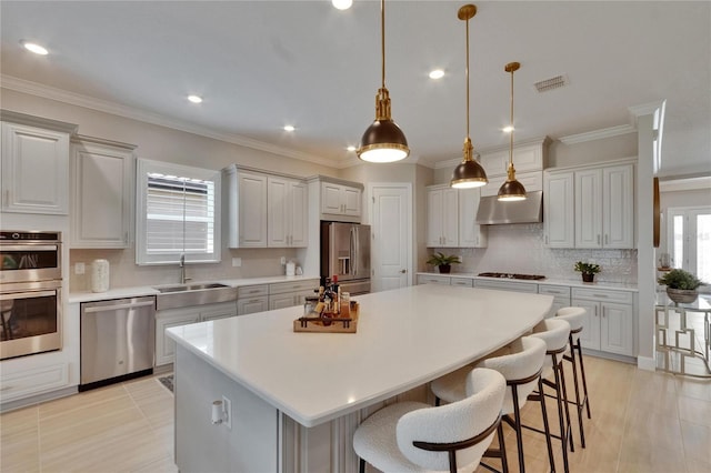 4795 Freccia Loop, Wesley Chapel, FL 33543 - kitchen with stainless steel appliances, a sink, extractor fan, a center island, and light countertops