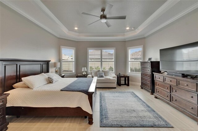 4795 Freccia Loop, Wesley Chapel, FL 33543 - bedroom with a raised ceiling, multiple windows, crown molding, ceiling fan, and light tile patterned floors