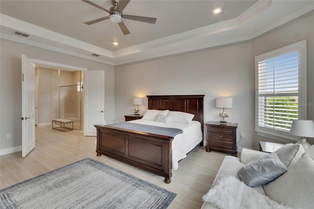 4795 Freccia Loop, Wesley Chapel, FL 33543 - bedroom featuring a tray ceiling, ornamental molding, light tile patterned floors, baseboards, and recessed lighting