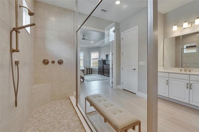 4795 Freccia Loop, Wesley Chapel, FL 33543 - bathroom featuring ceiling fan, a walk in shower, vanity, and recessed lighting