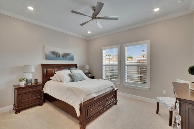 4795 Freccia Loop, Wesley Chapel, FL 33543 - bedroom featuring light carpet, baseboards, recessed lighting, crown molding, and a ceiling fan