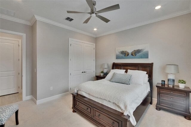 4795 Freccia Loop, Wesley Chapel, FL 33543 - bedroom with light carpet, baseboards, crown molding, recessed lighting, and a closet